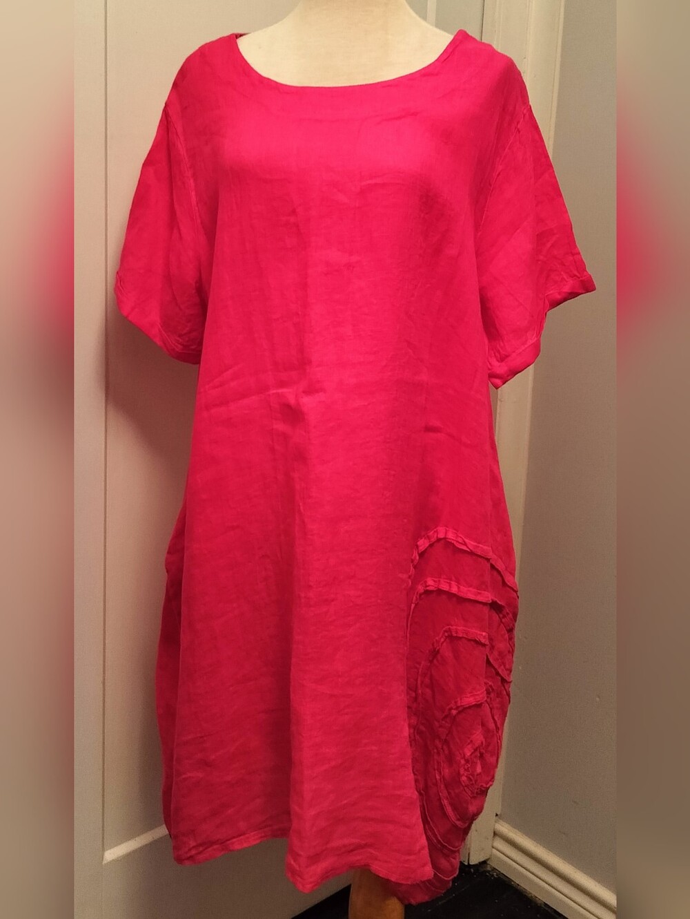 Bright Hot Pink Washable Linen Short Sleeve Tunic Dress